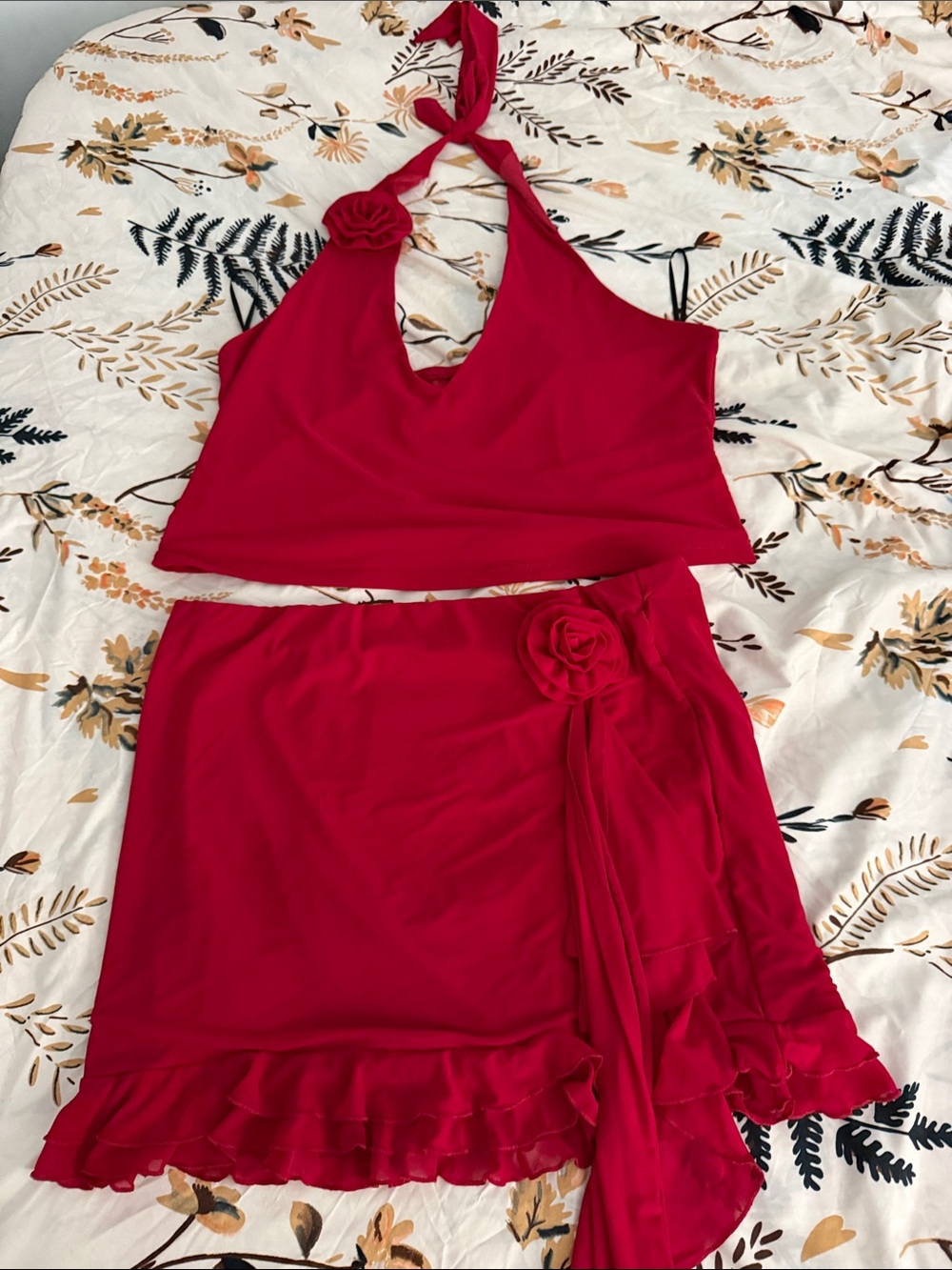 SHEIN Red Halter Crop Top & Mini Skirt Set with Rose Accent